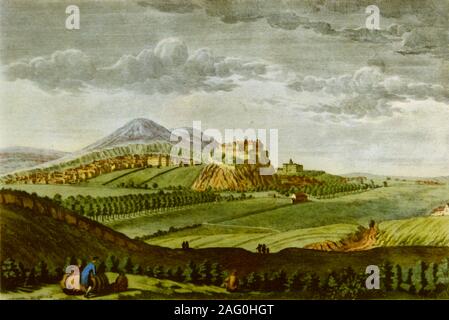 "Edinburgh aus dem Westen, in der Zeit von David Hume', c 1750 (1943). Blick auf die schottische Hauptstadt Edinburgh Castle und Arthur's Seat. David Hume (1711-1776) war ein schottischer Aufklärer. Von "britischen Philosophen', von Kenneth Matthews. [Collins, London, 1943] Stockfoto