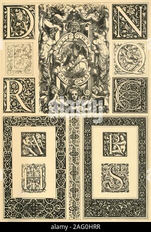 Der französischen Renaissance typografische Ornamente, (1898). "Abb. 1: Erste aus der Zeit von Louis XII durch [Geofroy] Tory. Abb. 2: Erste aus der Zeit von Fran &#xe7; ois ich von Tory. Abb. 3: Erste aus der Zeit von Fran &#xe7; ois ich von Claude Garamont. Abb. 4: Kartusche aus der Zeit von Heinrich II.[16] von Jean Goujon. Abb. 5: Erste aus der Zeit von Heinrich II. von Jean Goujon. Abb. 6: Erste aus der Zeit von Heinrich II. von Salomon Bernard's School. Abb. 7 und 8: Initialen aus der Zeit von Heinrich II. von Salomon Bernard's School. Abb. 9-11: Grenzen aus der Zeit von Heinrich II. von Petit Bernard. Abb. 12: Erste f Stockfoto