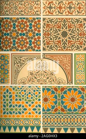 Arab-Moorish Mosaik und glasiertem Ton arbeiten, (1898). "Arabian-Moresque-Mosaik, Fa &#Xef; ence - Abb. 1, 3 und 4: Wainscottings von glasiertem Ton von der Alhambra [Granada, Spanien]. Abb. 2: Wainscotting glasierter Ton von der Moschee der Cheykhoun in Kairo. Abb. 5-7 und 9-11: Marmor wainscottings Intarsien mit Stuck von Kairo. Abb. 8: Marmor wainscottings Intarsien mit Stuck aus Damaskus ... arabischen und maurischen Mosaiken sind teilweise von kleinen Stücken aus farbigem Marmor, teilweise von kleinen Ton Platten, bemalt und glasiert. Manchmal…. Die Designs sind in den Marmor Platten und die Vertiefungen fille Schnitt Stockfoto