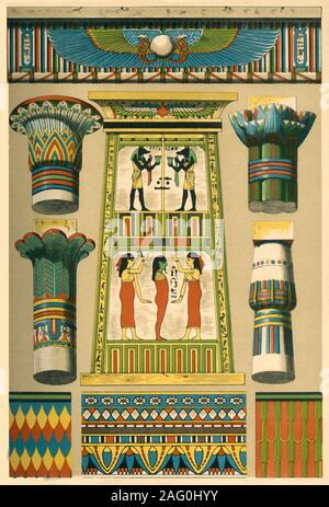 Der ägyptischen Antike Dekoration, (1898). Beispiele der Architektur und Malerei aus dem Alten Ägypten: "Abb. 1: Pylon (Eingang - Turm) mit figürlichen Darstellungen und Hieroglyphen. Louvre, Paris. Abb. 2: Gesims des Gebälk des großen Tempels von Philae. Skulptur und Malerei. Abb. 3: Kapital aus dem Tempel von Luxor, die ausgewachsenen Papyrus. 1200 v. Chr.. Abb. 4: das Kapital von einem Tempel in Theben. (Knospen - Kapital). Abb. 5: Kapital aus einem Portikus in Edfu. (Stellvertretend für eine Palm-tree). Abb. 6: Hauptstadt von Theben, 1200 v. Chr.. Stellt ein Papyrus-bud. Abb. 7: Mumie - Fall der Malerei. Abb. 8 und 9: Schuppige Desig Stockfoto