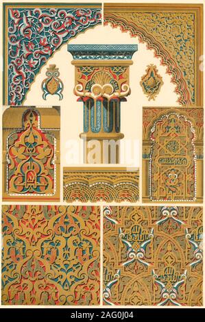 Architektonische Dekoration in der Alhambra, (1898). Bin oresque-architektonischen Ornament - Spanien ist das Land, wo die Islamitic Kunst seiner reinsten und schönsten Entwicklung in den Gebäuden der Maurischen Könige gefunden, beispielsweise in den Palast von Alhambra in der Nähe von Granada (13. und 14. Jahrhundert). Vor allem mit den Mauren, Mohammedanischen Ornamentik erreichte seinen Höhepunkt. Abb. 2-10 stellen Formteile und Wandflächen in Stuck ausgeführt und malte ... Der maurischen Künstler wusste, wie wunderbare Effekte durch kunstvoll Interlacing und Verdrehen des geometrischen Ornamenten und Arabesken produzieren... wir Stockfoto