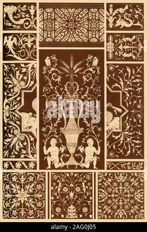 Italienische Renaissance Holz Mosaik, (1898). Abb. 1: Von der Chor-Stände in S. Anastasia in Verona. Abb. 2: Von der dado Der sakristei - Schreine in S. Maria in Organo Ebd. Abb. 3-7: Von der Chor - Stände ebd. Abb. 8: Aus dem Chor-Stände in Monte Oliveto Maggiore. Abb. 9-10: Aus dem Chor-Stände in S. Petronio in Bologna. (Masse des Zentrums - Fächer schwarz). Abb. 11-13: Aus dem Chor-Stände in der Certosa in der Nähe von Pavia. (In der Abb.12 Masse schwarz) ... Holzschnitzerei war im Allgemeinen sehr floriert, wie bekannt ist, in der Renaissance - Zeit, insbesondere aber (im höchsten Grad) ein Zweig der it, Stockfoto