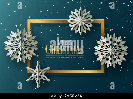 Winter und Urlaub Design mit Paper Craft hanging Schneeflocken vor blauem Hintergrund. Vector Illustration Stockfoto