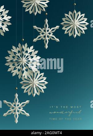 Winter und Urlaub Design mit Paper Craft hanging Schneeflocken vor blauem Hintergrund. Vector Illustration Stockfoto