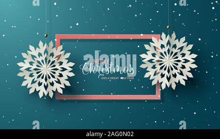 Winter und Urlaub Design mit Paper Craft hanging Schneeflocken vor blauem Hintergrund. Vector Illustration Stockfoto