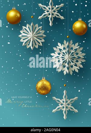 Winter und Urlaub Design mit Paper Craft hanging Schneeflocken vor blauem Hintergrund. Vector Illustration Stockfoto