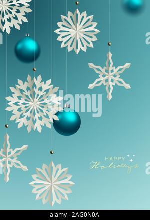 Winter und Urlaub Design mit Paper Craft hanging Schneeflocken vor blauem Hintergrund. Vector Illustration Stockfoto