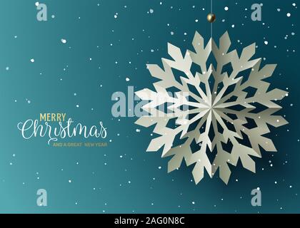 Winter und Urlaub Design mit Paper Craft hanging Schneeflocken vor blauem Hintergrund. Vector Illustration Stockfoto