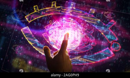 Cyber Spionage mit Auge Symbol futuristische 3D Rendering Illustration. Abstrakte Digitale Konzept der Überwachung, der cyber Spionage, Hacking und Verletzung von Pr Stockfoto