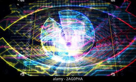 Cyber Spionage mit Auge Symbol futuristische 3D Rendering Illustration. Konzept der Überwachung, der cyber Spionage, Hacking und Verletzung der Privatsphäre. Zusammenfassung l Stockfoto