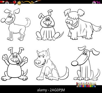 Schwarze und Weiße Cartoon Illustration der Lustige Hunde und Welpen Tier Zeichen Malbuch Seite Stock Vektor