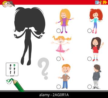 Cartoon Illustration auf das Finden der richtigen Schatten Lernspiel für Kinder mit Kindern Zeichen Stock Vektor