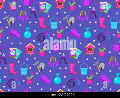 Gartenarbeit nahtlose Muster mit Garten Werkzeuge. Feder endlosen Kulisse. Gartenbau Textur, Tapeten. Süße Sommer Hintergrund. Vector Illustration Stock Vektor