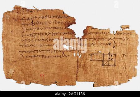 Papyrus Oxyrhynchus 29, mit einem Fragment von Euklids Elementen, zwischen 75 und 125 AD. In der Sammlung von Penn Museum gefunden. Stockfoto