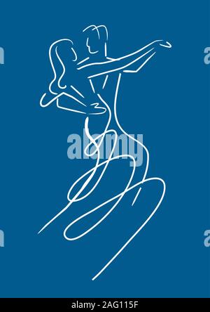 Ev Balroom Tänzer Paar. Line Art stilisierte Abbildung der Paare tanzen Gesellschaftstanz auf blauem Hintergrund. Vektor zur Verfügung. Stock Vektor