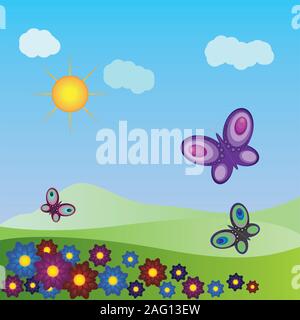 Abbildung: Sommer Wiese mit Blumen und Schmetterlingen Hintergrund. Stock Vektor