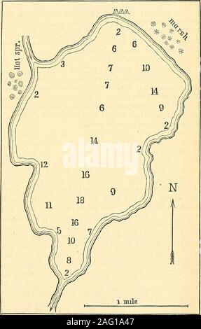 . Sechster Jahresbericht der United States Geological Survey der Territorien, die Teile von Montana, Idaho, Wyoming und Montana: ein Bericht über die Fortschritte der Erkundungen für das Jahr 1872. Gegen Mittag ing und ist umgeben bymostly sanft abfallende Ufer. Dies sind die STEILSTEN auf der Westseite, wherea Paar Täuschungen, in tiefes Wasser. Unsere cauvass - Boot, puttogether, Herr Adams nahm eine Reihe von Soundings, mit den Ergebnissen der Begleitforschung Skizze (Abb. 48,) die tiefen inwhich aregiven in klafter. Isseen thedeepest Teil gefunden zu 108 Füße sein, etwas südlich von thece Stockfoto