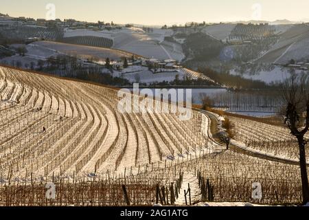 Blick auf Schnee Weinberg Hügeln mit Winzer Beschneiden der Reben im Winter, Barbaresco, Langhe (UNESCO-Welterbe), Cuneo, Piemont, Italien erhöhten Stockfoto