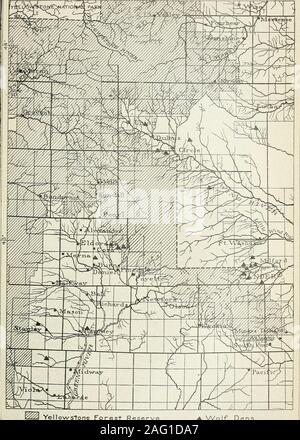 . Wölfe in Bezug auf Lager, Spiel, und die nationalen Waldreservate. Abb. 2.-Ost bLOPE von Wind River Mountains, in der Nähe von Torrey See. Neun wolf Höhlen entlang der südlichen Hang der Grat zwischen kreuzt. Derzeitige ABUXDANCE DER WÖLFE.. Yellowstone Forest Reserve A. Wolf Dens 110 Lon ^+ ude West? von Greenwich Abb. 2.-Lage von zwanzig Zucht dens in westlichen Wyoming. 19258-Nr. 72 - 07 2 10 ATOLYES IX BEZUG AUF LAGER^^ und WALDRESERVATE. und dass im Jahr 1894 waren sie häufig über Newcastle, entlang der Kopf - Wasser des kleinen Missouri, und entlang der Duck Creek, Clear Creek, und die Straße zwischen Clearmont und S Stockfoto