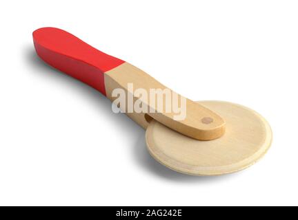 Holz Spielzeug Pizza Cutter isoliert auf weißem Hintergrund. Stockfoto