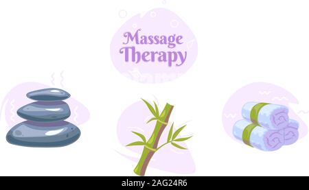 Set mit Massage Wellness Symbole der spa Steine, Bambus, warmgewalzte Handtücher. Entspannungstherapie Konzept mit Logo Design. Alternative orientalische zen. Vektor natürliche Abbildung auf weißen Hintergrund isoliert. Stock Vektor