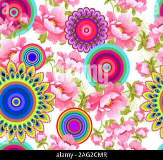 Bunte geometrische Hintergrund mit Rosen. Der traditionellen, ethnischen digital drucken. - Abbildung Stockfoto