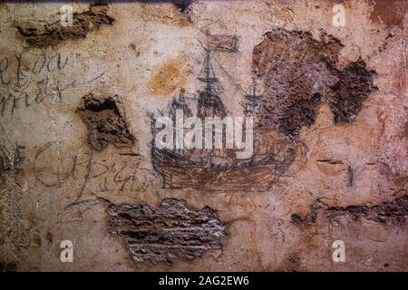 Mutineer's Graffiti einer spanischen Galeone, Dungeon, San Cristóbal, San Juan, Puerto Rico Stockfoto