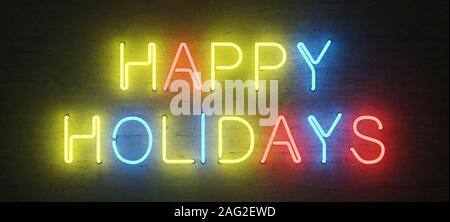 Farbige Leuchtreklame, happy holidays, Mock-up mit zentrierter Text, 3D-Rendering, 3D-Darstellung Stockfoto