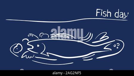 Fisch-Tageskarte mit Fisch auf einer Platte mit Gewürzen und Gemüse. Blauer Hintergrund. Umrissstil Stock Vektor