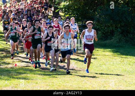 Whappinger Falls, New York, USA - 28. September 2018: Nur über eine viertel Meile in einen Jungen Varsity Cross Country Rennen am Bowdoin Park in Wappinger Stockfoto