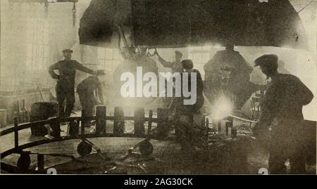 . Kanadische foundryman (1918). VS" -.- c^-. ? • • C ± = & Abb. 6. Metall SHOTTING TANK. Gießen, wenn die Aufladung ist geschmolzen Die furnaceis nach vorn gekippt auf dem Drehzapfen, unddem geschmolzenen Stellite wird in eine gra gegossen - phite Tiegel, aus denen Es pouredinto der Graphit formen. Stellit hat ahohe Schmelzpunkt, über 1.900°C (3.452° F) und Sorgfalt muss berücksichtigt alle Schlacken und foreignmatter zu überfliegen. Ein interessantes Gerät, in der Abb. gezeigt. 7 erleichtert die Bedienung. Die. Abb. 7. Geschmolzenes STELLITE BEI EINER TEMPERATUR VON 3.500 Grad. F. GEGOSSEN IN GRAPHIT FORMEN. 102 C A NA DIA N FOUNDRYMAN Stockfoto