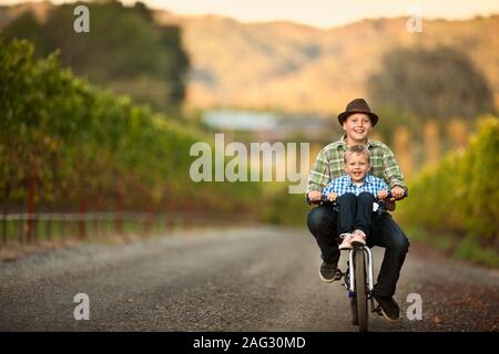 Junge fährt sein kleiner Bruder auf seinem Fahrrad durch den Weinberg. Stockfoto