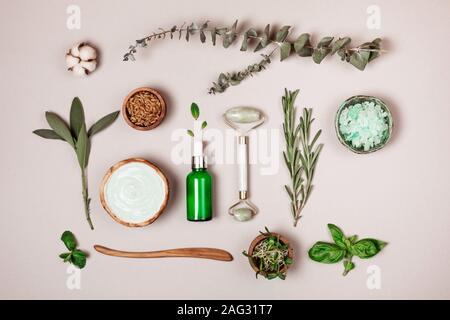Zusammensetzung aus natürlichen Komponenten für Self-care. Flach Stil. Peeling, Maske, Serum und Creme mit Avocado, Rosmarin, Eukalyptus Stockfoto