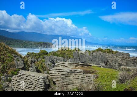 Pancake Rocks in der Nähe von Punakaiki, Südinsel, Neuseeland Stockfoto