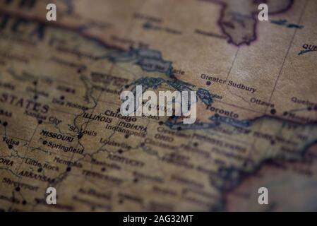 Nahaufnahme von Michigan State auf einer Vintage-Karte Stockfoto