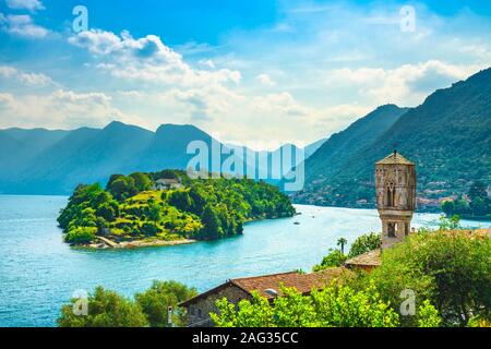 Comacina Insel und die Kirche Santa Maria Maddalena. Ossuccio Tremezzina in Como Lake District. Italien, Europa. Stockfoto