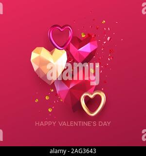 Valentines Tag festlichen Hintergrund mit realistischen Metallic Gold und Red Ruby Low Poly Herz. Schriftzug Happy Valenetine Tag. Vector Illustration Stock Vektor
