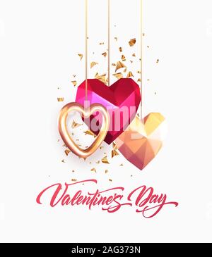 Valentines Tag festlichen Hintergrund mit realistischen Metallic Gold und Red Ruby Low Poly Herz. Schriftzug Valenetine Tag. Vector Illustration Stock Vektor