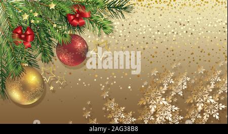 3d Wallpaper, goldene Weihnachten Hintergrund mit roten Kugeln und Fir Tree Branches Stockfoto