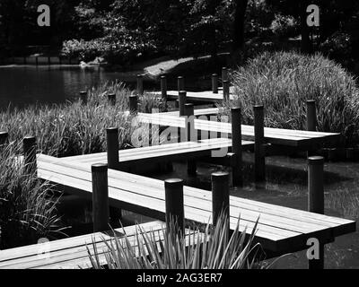 Ein Graustufen geschossen von einer Brücke über einen Fluss in einen Park voll von verschiedenen Pflanzen Stockfoto