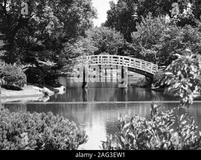 Ein Graustufen geschossen von einer Brücke über einen Fluss in einen Park voll von verschiedenen Arten von Pflanzen Stockfoto