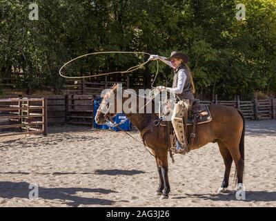 Eine junge, attraktive Arbeitsbedingungen cowgirl Wrangler twirls Ihr LARIAT in einer Hürde auf einer Ranch in der Nähe von Moab, Utah Overhead. Sie trägt leder chaps, die er beschützen Stockfoto