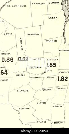 . Volkszählung des Staates New York für 1875. In den Grafschaften. Saratoga, 16 Rensselaer, 17 Onondaga, 1 i PerCt. Der Staat 1,56 OTSEGO Livingston, 19 1,46 Genese *, 20 1.34 Cayuga, 21 1,27 Ontario, 22 1.21 Wayne, 23 1.16 Chautauqua, Cattaraugus, 24 1,14 25 0,94 26 0,88 Wyoming, Oneida, Herkimer, 27 0,86 28 0,69 29 0,64 Madison, Rockland, 30 0,63 Karte Nr. 2. Ich ticlStSTtRI 0,6: Stockfoto