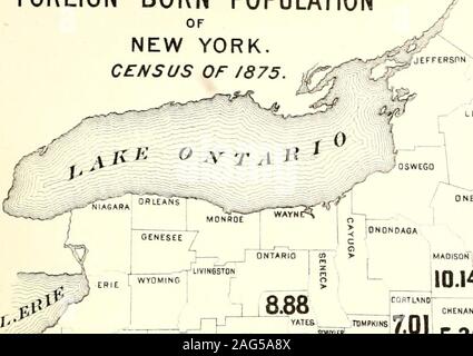 . Volkszählung des Staates New York für 1875. In den Grafschaften. J PerCt, St. Lawrence, 16 19.02 Genesee, 17 18.06 Essex, 18 17,86 Chautauqua, 19 17,71 Schenectady, 20 17.69 Lewis, 21, 22 16,95 17,25 Orleans Ontario, 23 16.69 Wayne, 24 16,07 Dutchess, 25 16.06 Orange, 26 15,75 Putnam, 27 15,72 Oswego, 28 15,61 Cayuga, 29 15,53 Saratoga, 30 15.35. S^^ CMAUlAugUA 17,71 Karte Nr. 2 der im Ausland geborenen Bevölkerung VON NEW YORK. Volkszählung von 1875. /; FRANKLIN^ CLINTON iO O (-^ STLAWRENCE. .-/,&Gt; EIN Stockfoto