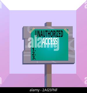 Konzeptionelle Hand schreiben, nicht autorisierten Zugriff. Konzept Bedeutung Verwenden eines Computers oder Netzwerks ohne Erlaubnis Laufbelag Holz stick pole Papier Stockfoto