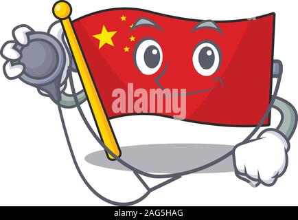 Cute Flagge China Blättern Comicfigur in einem Arzt mit Tools Stock Vektor