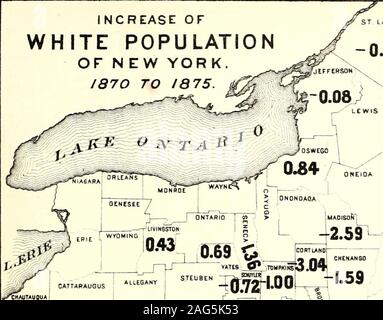. Volkszählung des Staates New York für 1875. Zunahme der weißen BEVÖLKERUNG VON N ew York. Ich 870 bis 1875. -0.98. Ich rRAHKLIN, CLINTON ST LAWRENCE Stockfoto