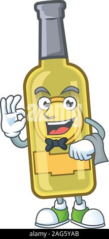 Champagner Gelb Flasche comicfigur als Kellner suchen Stock Vektor