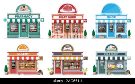 Detaillierte city shop Gebäude. Bäckerei, Buch, Milch, Fleisch, Apotheke, Lebensmittelgeschäft. Kleine europäische Style Shop Exterieur. Kommerzielle, Eigenschaft, Markt oder Supermarkt. Flache Vector Illustration Stock Vektor