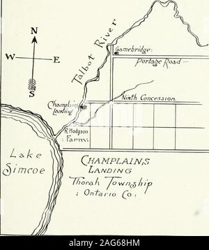 . Ontario Sitzungsdiensten Papers, 1918, Nr. 17-20. s:. Champlain war der erste weiße Mann, von dem die Geschichte spricht, der in seinem Kanu der Kawartha Lakes andfollowed sah. Es war im Jahr 1615, führte er thfeHurons und Algonqitins in ihre erfolglosen Vorstoß gegen die Irokesen. Verlassendes Dorf Cahiague (nicht weit von Orillia) Am 1. September, er arrivedon am Ufer des Lake Couchiching, drei Ligen entfernt. Die Narrows wurde alreadya berühmten Angelplatz, wo die Fische in den Netzen und Winter - geheilt wurden. Von thepalisades durch die Fischer beschäftigt sich der Meerenge zu schließen. Lake Simcoe war bekannt Stockfoto